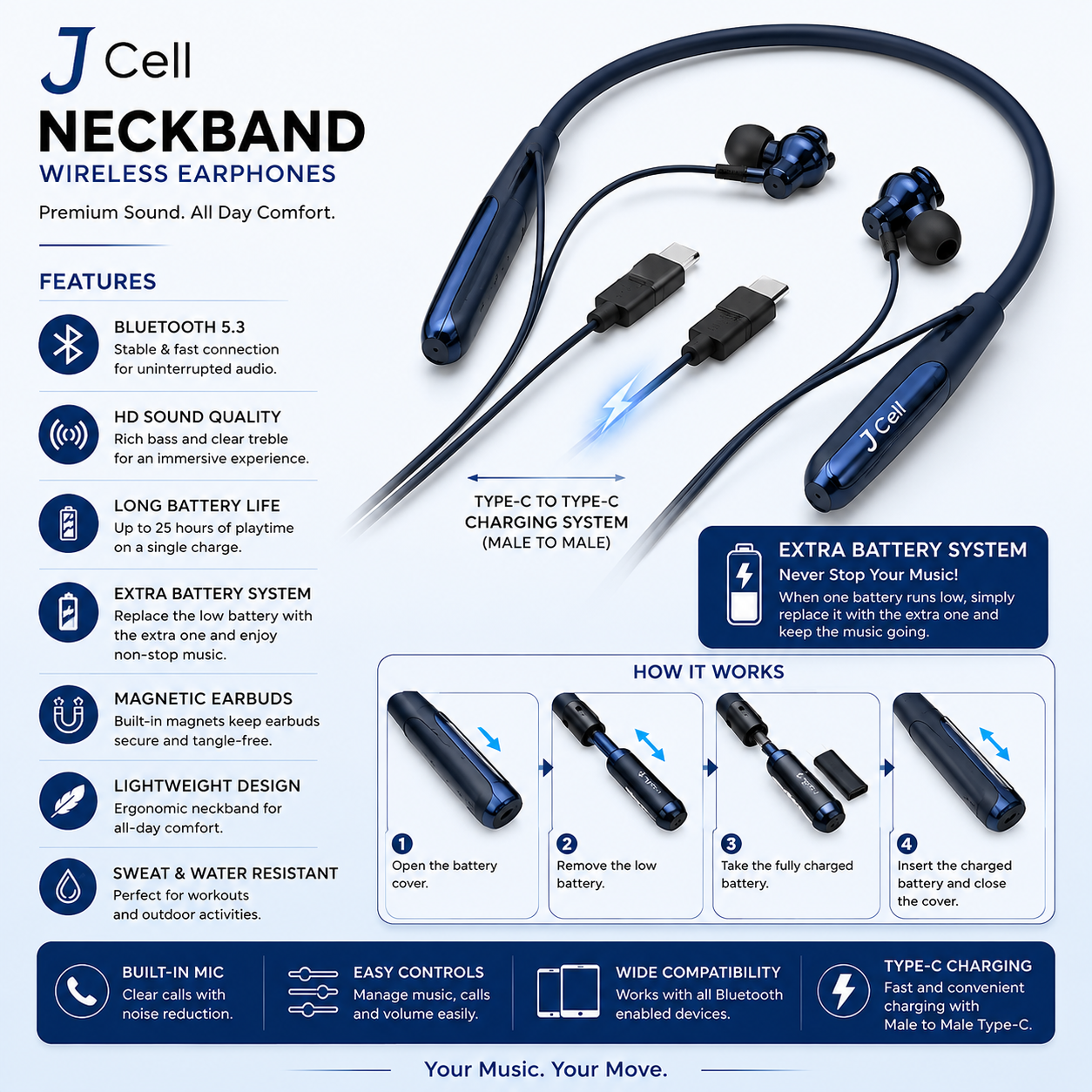🎧 J-Cell J-510 Wireless Neckband Earphones 🔊 Voice Changer Edition | Extra Battery System - Image 3
