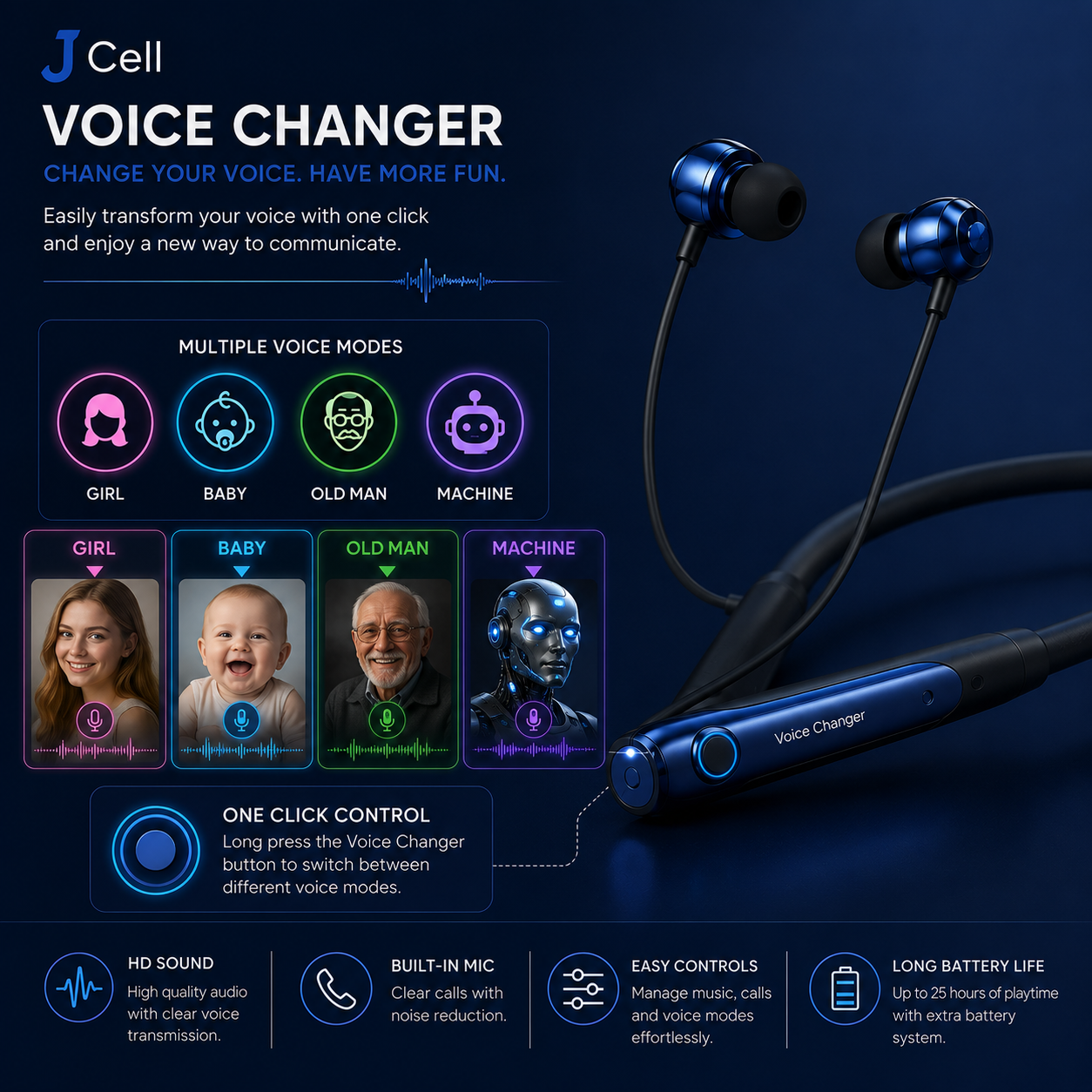 🎧 J-Cell J-510 Wireless Neckband Earphones 🔊 Voice Changer Edition | Extra Battery System - Image 5