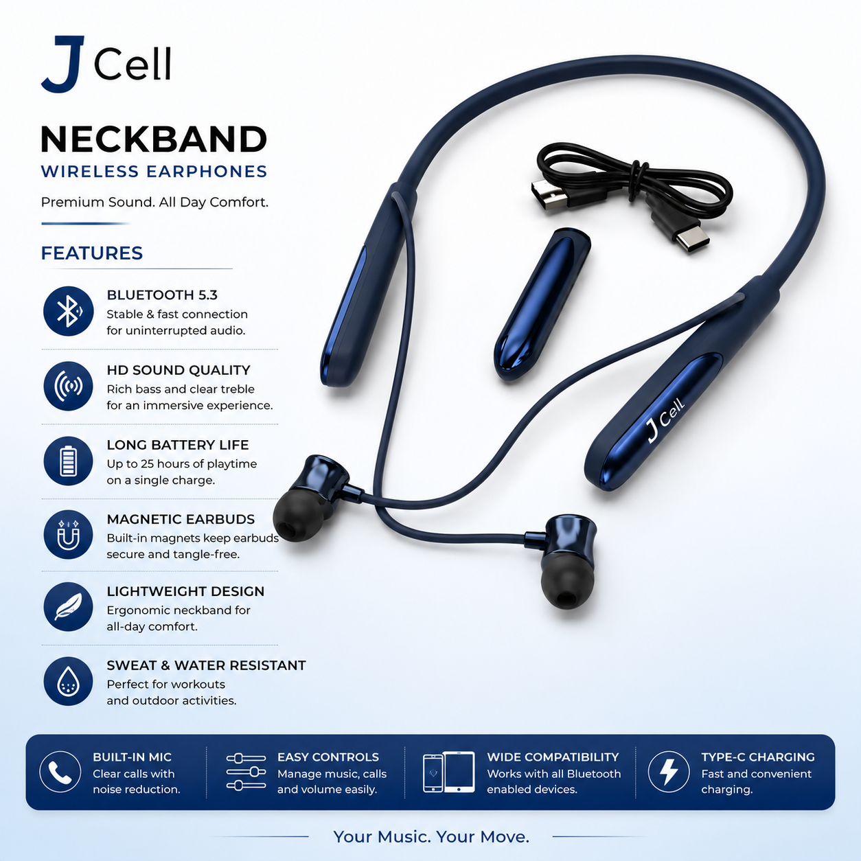 🎧 J-Cell J-510 Wireless Neckband Earphones 🔊 Voice Changer Edition | Extra Battery System - Image 6