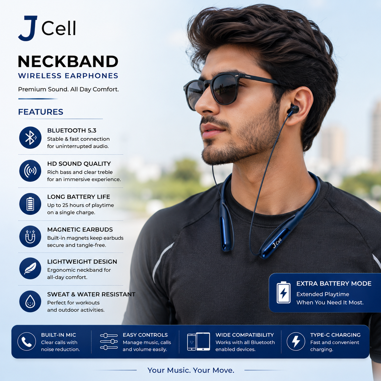 🎧 J-Cell J-510 Wireless Neckband Earphones 🔊 Voice Changer Edition | Extra Battery System - Image 2
